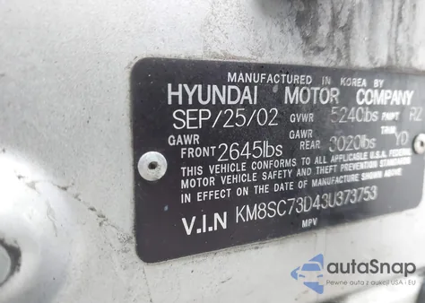 2003 Hyundai Santa Fe Gls/Lx z USA, uszkodzony, nr VIN KM8SC73D43U373753